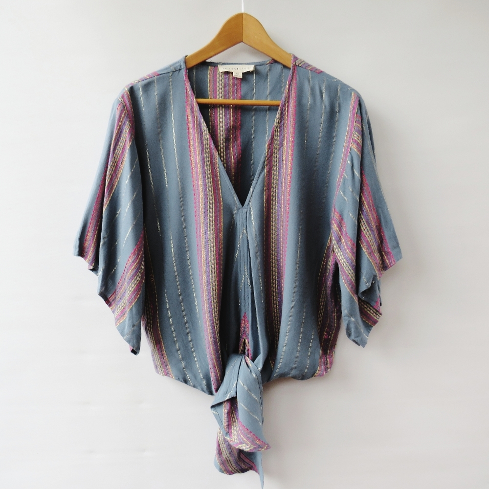 Lovestitch Slate Blue Gold Metallic Tie Front Viscose Blouse